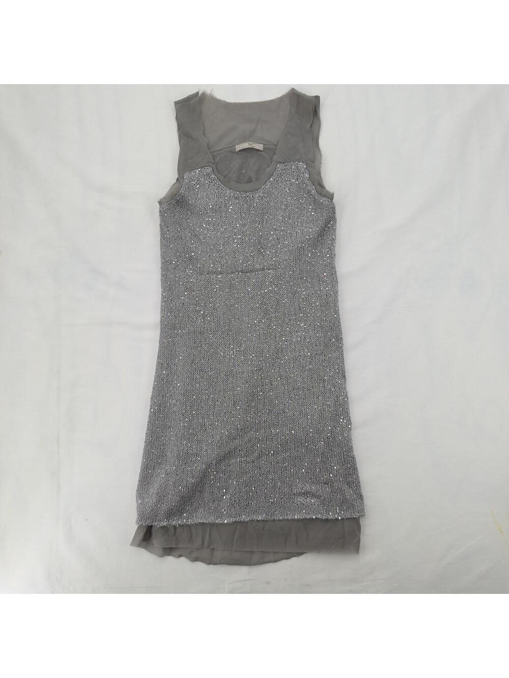 Italian Designer Stefanel Silver Sequin Knit Mini Dress Chiffon Overlay Y2K